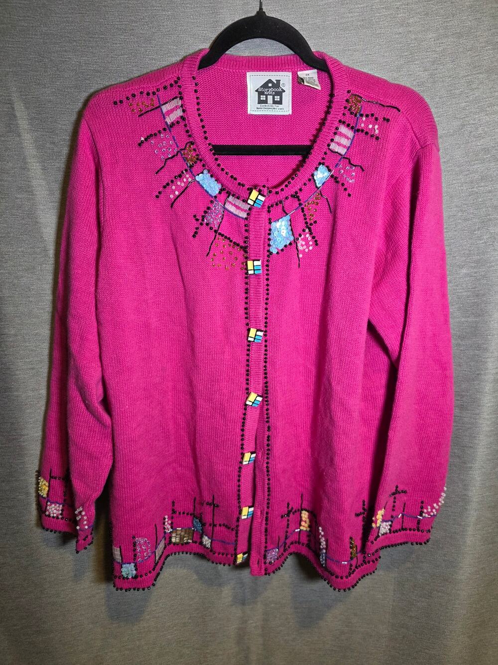 Storybook Knits Pink Beaded Sequin Cardigan Sweater Sz 2X - Button up Granny